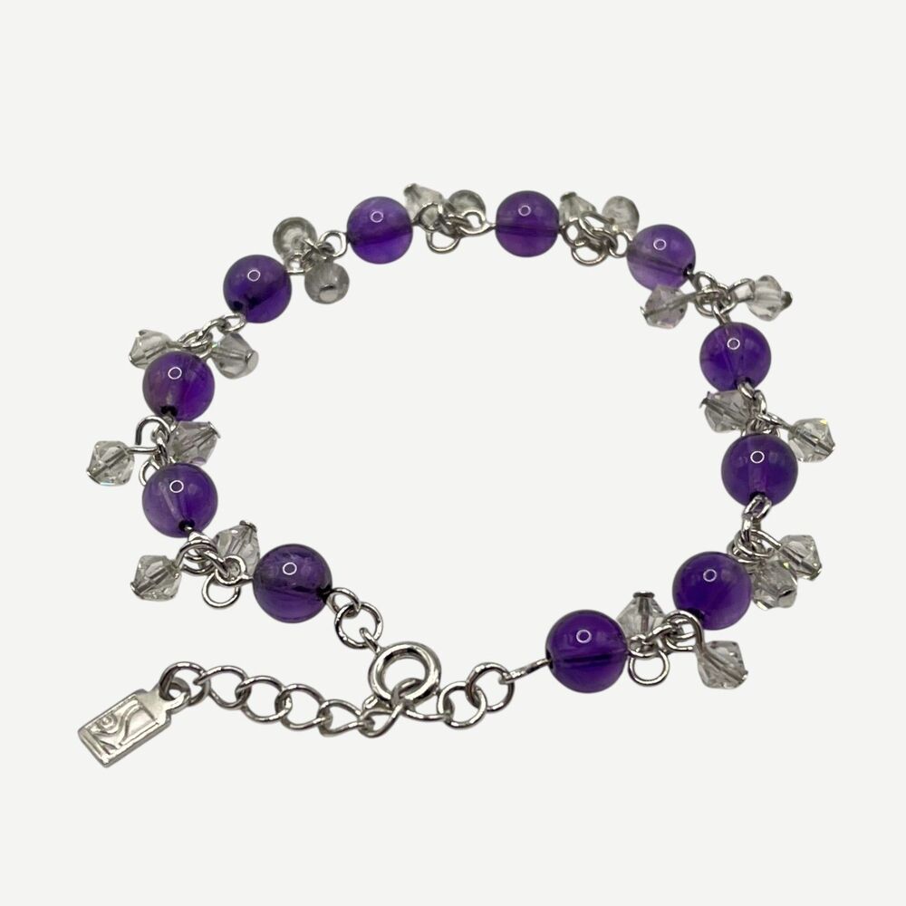 I-Stone Amethyst Bead Bracelet Purple Clear Crystal Dangle Silver Tone Feminine